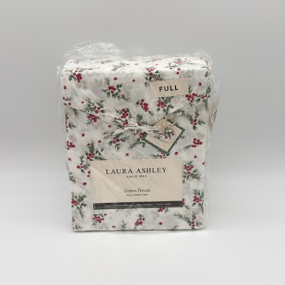 Laura Ashley Berry Bright Holly Berries Christmas Holiday 4pc FULL Sheet Set NEW